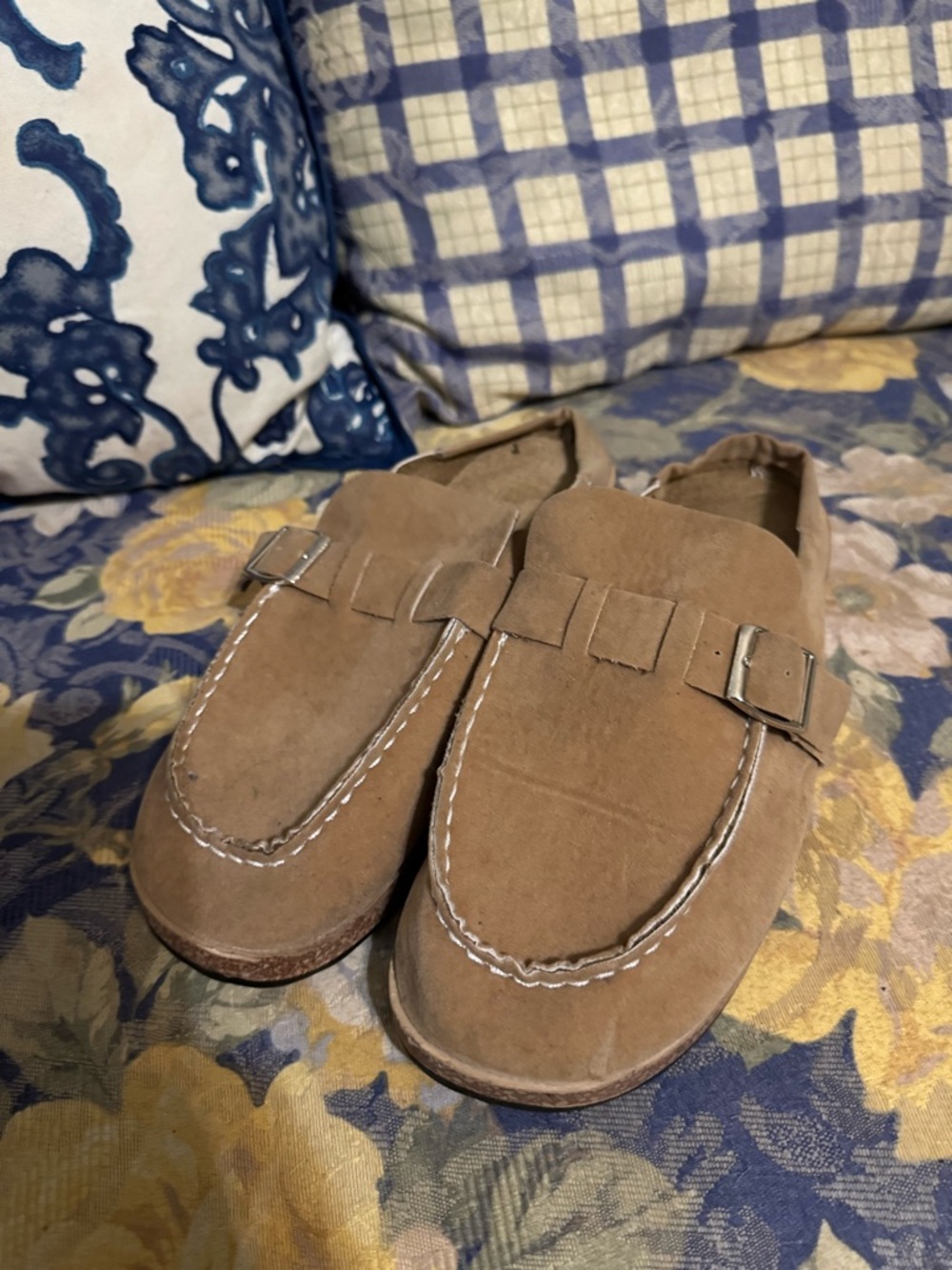 Tan Suede Look Loafers with Buckle Detail